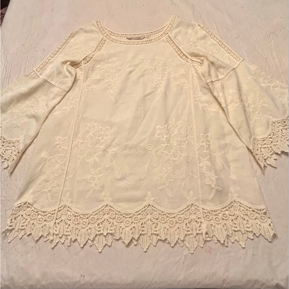 Soft Surroundings Cream Embroidered Eyelet Cotton Blouse - Picture 6 of 7